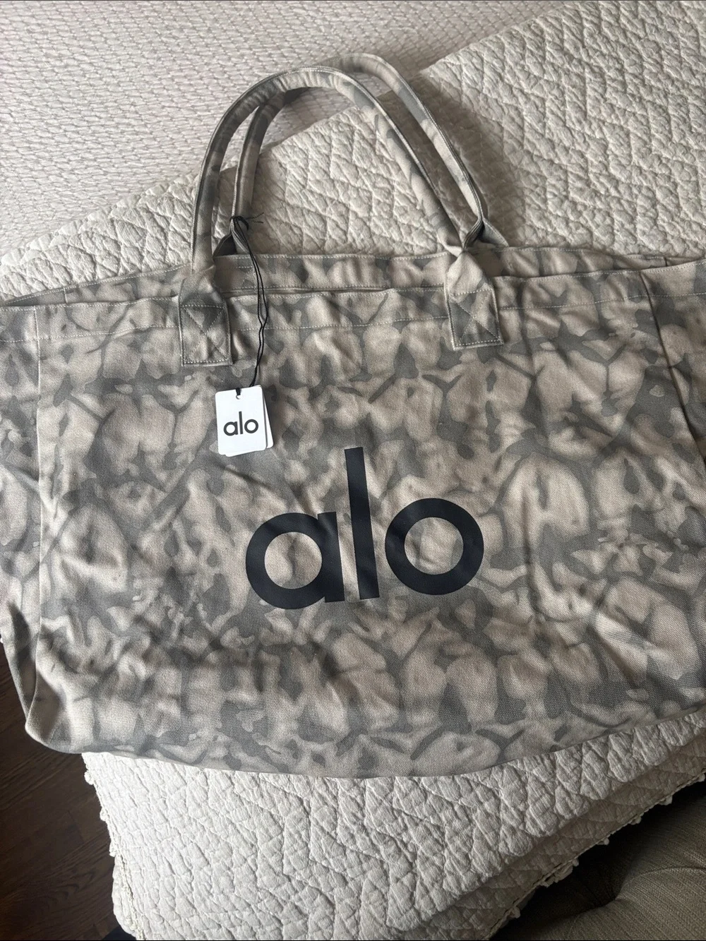 ALO Yoga Taupe Tie-Dye Canvas Tote with Black Logo